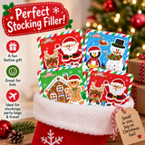 Four colorful Christmas stocking fillers featuring festive cartoon illustrations like Santa Claus, a penguin, a snowman, a gingerbread house, and reindeer, displayed in a red Santa sack with a holiday tree and wrapped gifts in the background. Text on the left highlights product benefits, and a tag on the sack says it is small in size, big on Christmas fun!.