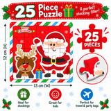 A festive Christmas-themed 25-piece jigsaw puzzle set shown on a white background with measurement labels, product claims, and feature icons. The puzzle artwork features Santa Claus and a reindeer on a red striped background, with text indicating it is a 12 cm by 13 cm puzzle ideal for stocking gifts, parties, and travel.