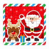 A square jigsaw puzzle featuring a festive Christmas design with Santa Claus, a brown reindeer, a blue gift box, snowflakes, and candy cane stripes around the border, shown on a plain white background.