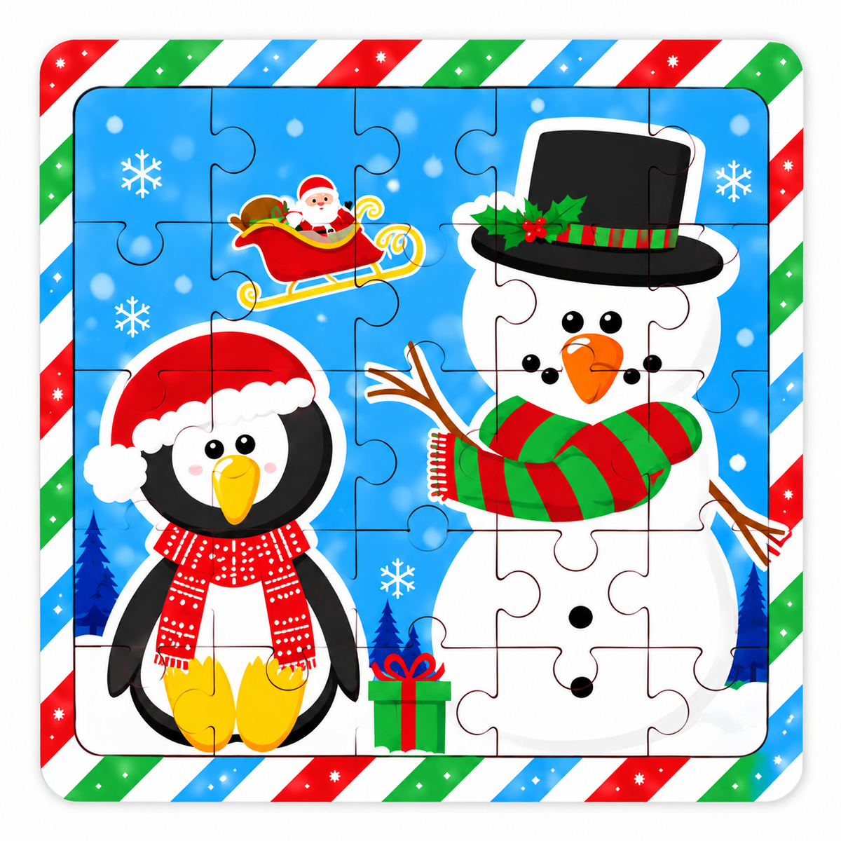 A square jigsaw puzzle featuring a festive Christmas scene with a penguin in a red Santa hat and scarf, a snowman wearing a black hat with green holly, Santa in a sleigh, snowflakes, and a blue background. The puzzle has a colorful striped border in red, green, and blue.