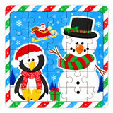 A square jigsaw puzzle featuring a festive Christmas scene with a penguin in a red Santa hat and scarf, a snowman wearing a black hat with green holly, Santa in a sleigh, snowflakes, and a blue background. The puzzle has a colorful striped border in red, green, and blue.