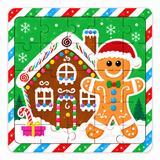 A square jigsaw puzzle featuring a festive Christmas gingerbread house and gingerbread man illustration, surrounded by a red, white, and blue striped border with snowflake details.