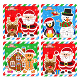 Four Christmas-themed jigsaw puzzle squares arranged in a 2x2 grid. The designs feature Santa Claus with a reindeer, a penguin and snowman, and a gingerbread house, each with a red, blue, or green background and striped borders.