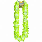A bright lime green Hawaiian-style flower lei necklace with a matching paper header card at the top, shown against a plain white background.