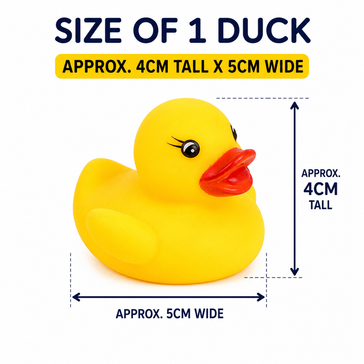 Yellow rubber duck with dimension labels showing approximate size of 4cm tall by 5cm wide on a white background.