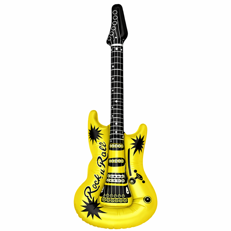 Inflatable yellow guitar with black details on a white background