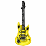 Inflatable yellow guitar with black details on a white background