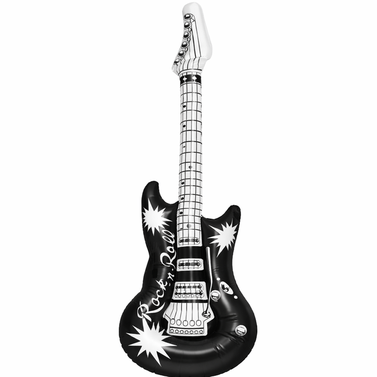 Black inflatable guitar with 'Rock & Roll' text on a white background