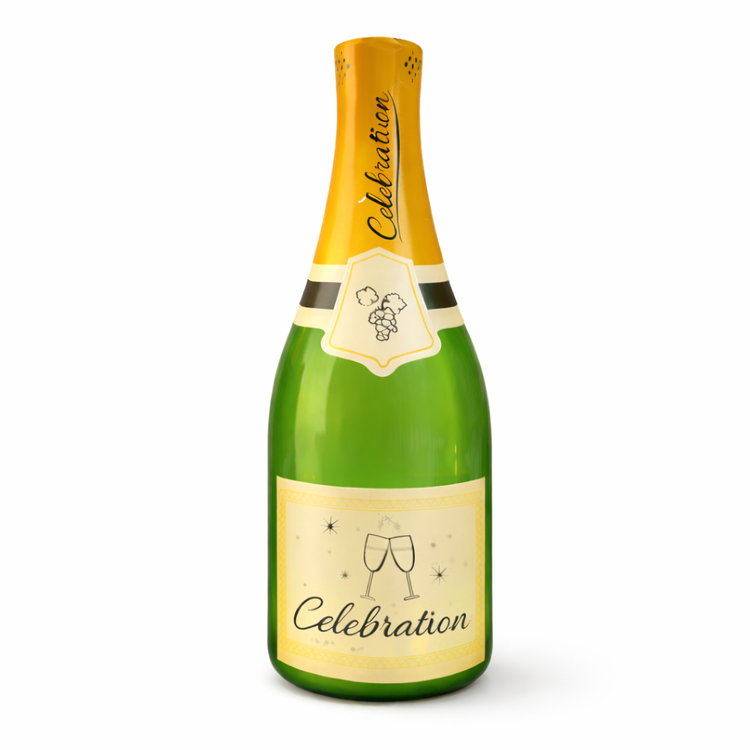 inflatable Bottle of champagne with a yellow label on a white background