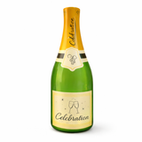 inflatable Bottle of champagne with a yellow label on a white background