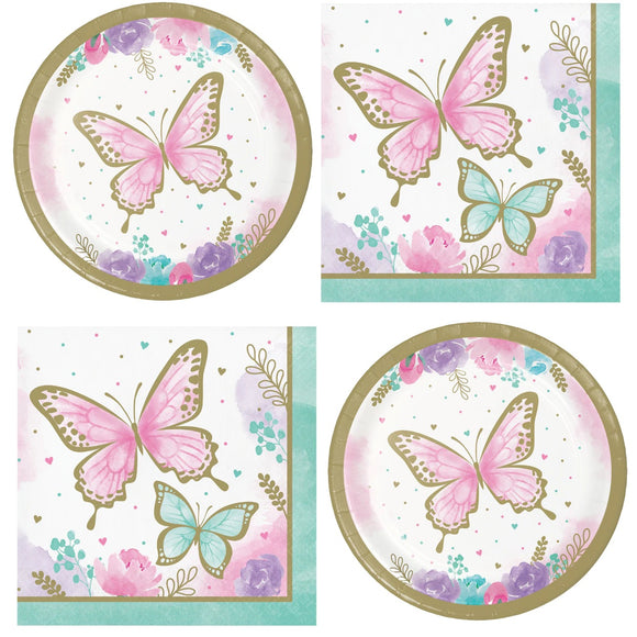 Butterfly-themed paper plates and napkins with pink and gold butterflies on a pastel background.