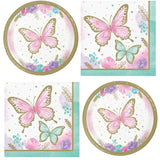 Butterfly-themed paper plates and napkins with pink and gold butterflies on a pastel background.