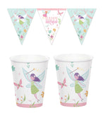 Fairy-themed party supplies including paper cups and a banner on a white background