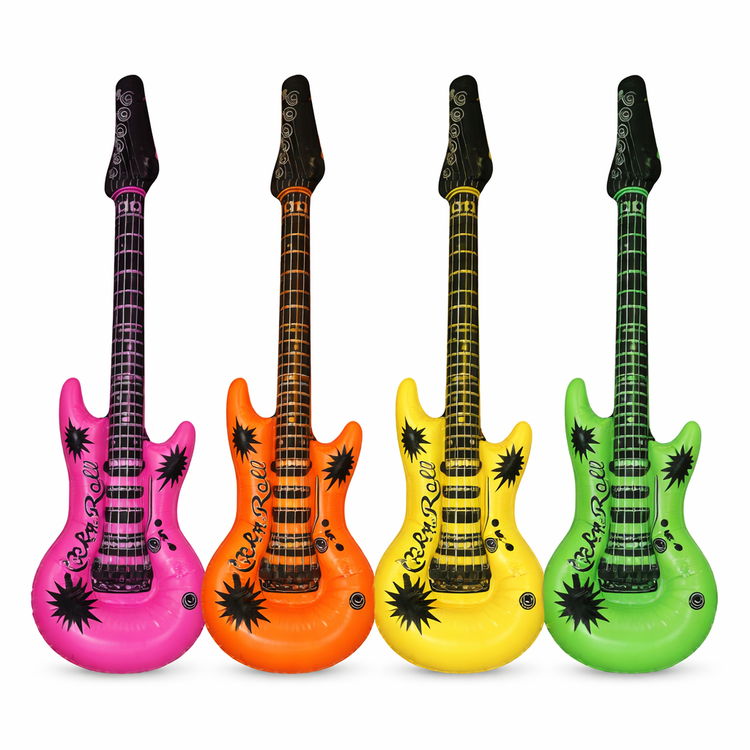Four colorful inflatable guitars in pink, orange, yellow, and green on a white background.