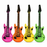 Four colorful inflatable guitars in pink, orange, yellow, and green on a white background.