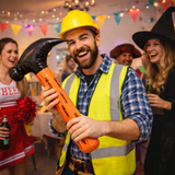 Person in construction-themed costume holding a large inflatable hammer at a party.