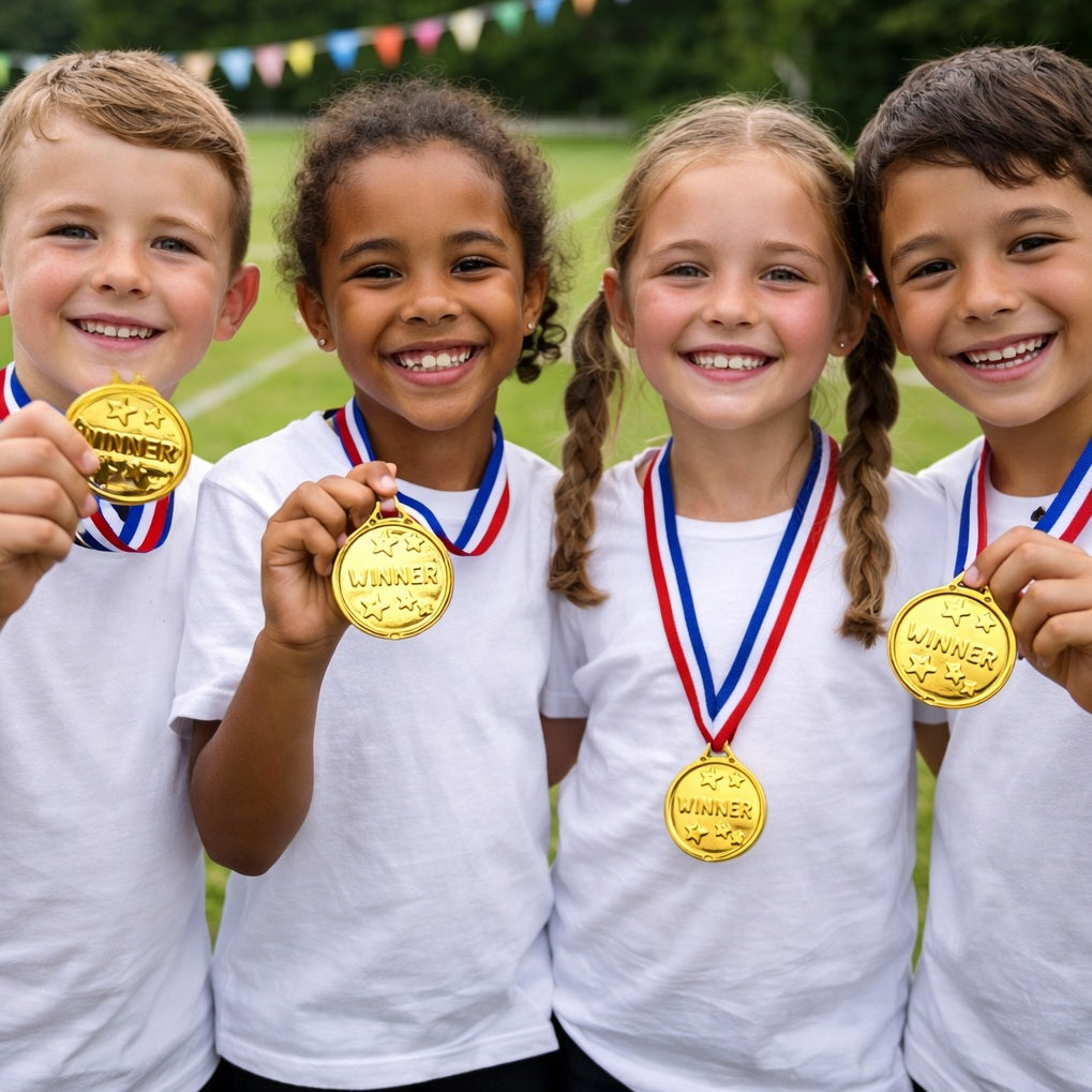 Four children holding gold medals with ribbons on a grassy field.