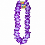 A purple and white orchid flower lei necklace with its colorful 'Hawaii' brand tag attached at the top, isolated on a white background.