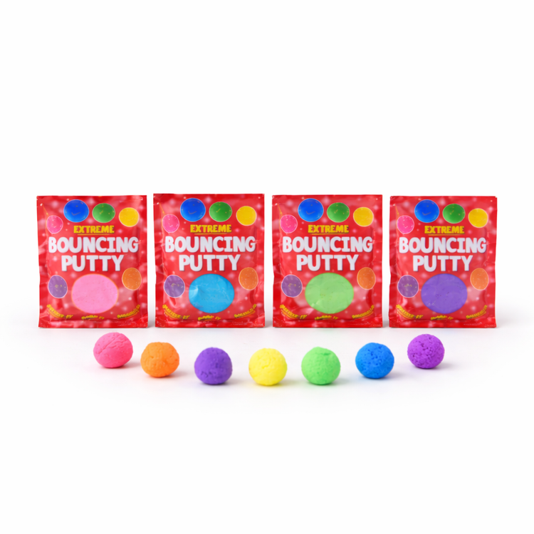 Four packages of Extreme Bouncing Putty with colorful putty balls in front on a white background