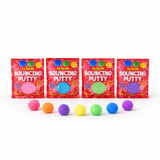 Four packages of Extreme Bouncing Putty with colorful putty balls in front on a white background