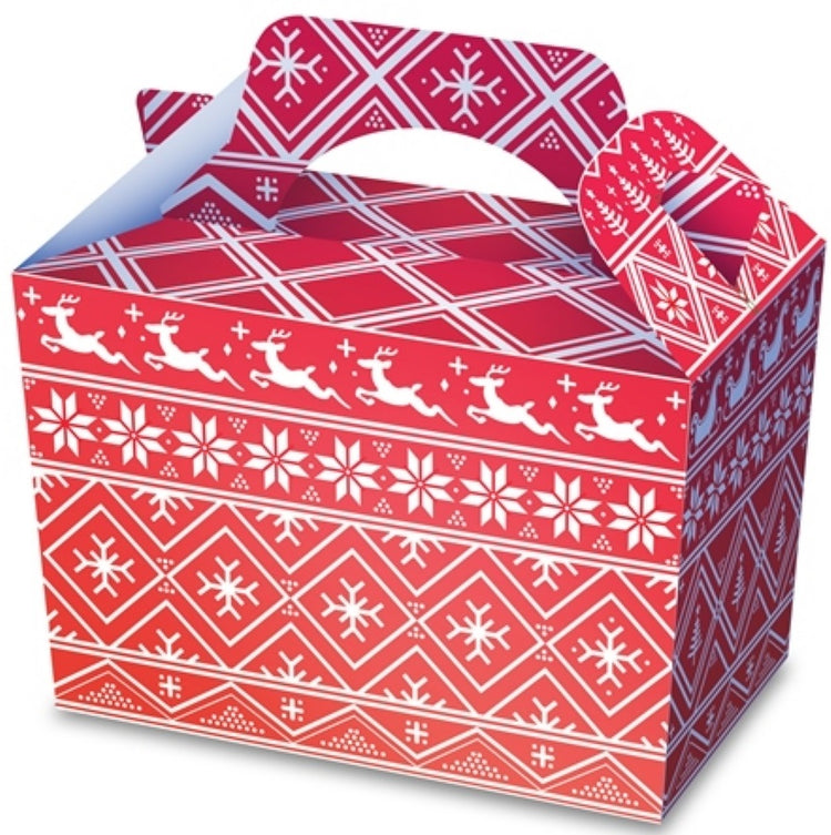 Red gift box with white geometric patterns on a white background