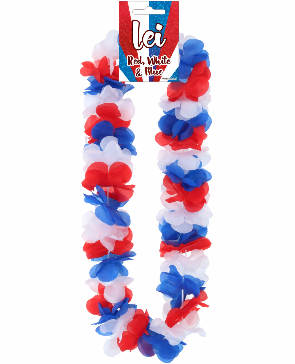 Red, white, and blue lei on a white background with packaging above.