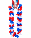 A red, white, and blue paper flower lei necklace on its retail hanger against a plain white background.