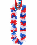 Red, white, and blue lei on a white background with packaging above.