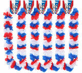 Red, white, and blue leis with 'lei' packaging in the background
