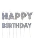 silver happy birthday word candles