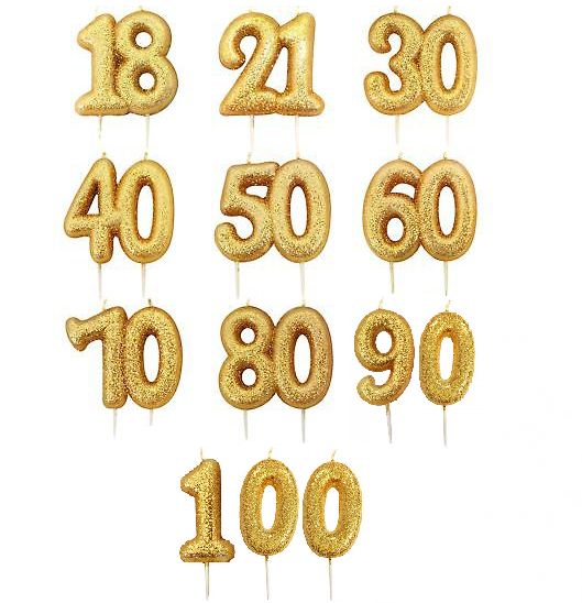 gold age cake candles. Numers include 18 21 30 40 50 60 70 80 90 100
