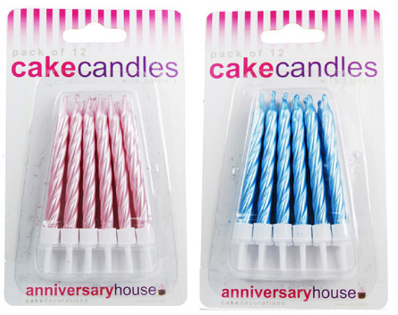 pack of 12 pearescent cake candles pink and blue
