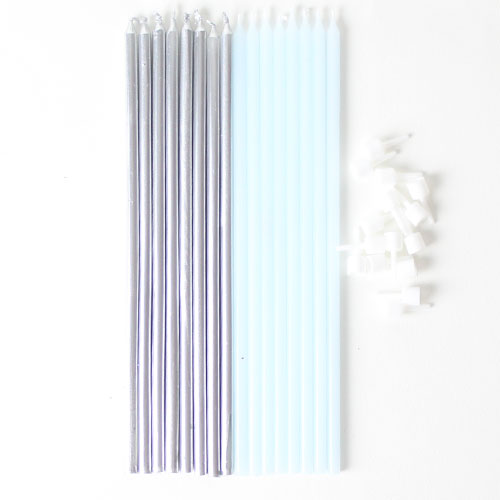 Extra long blue and silver cake candles 18cm tall